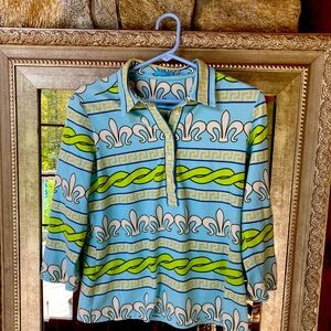 J McLaughlin Top Womens Large Catalina Cloth Chain Print Stretch‎ Polo Collared